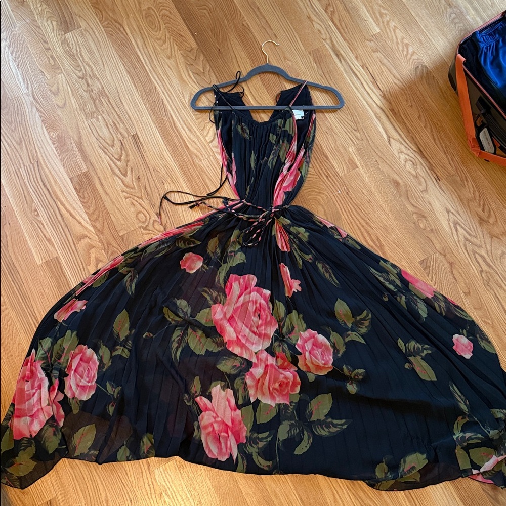 Anthropologie Floral Black and Pink Pleated Dress